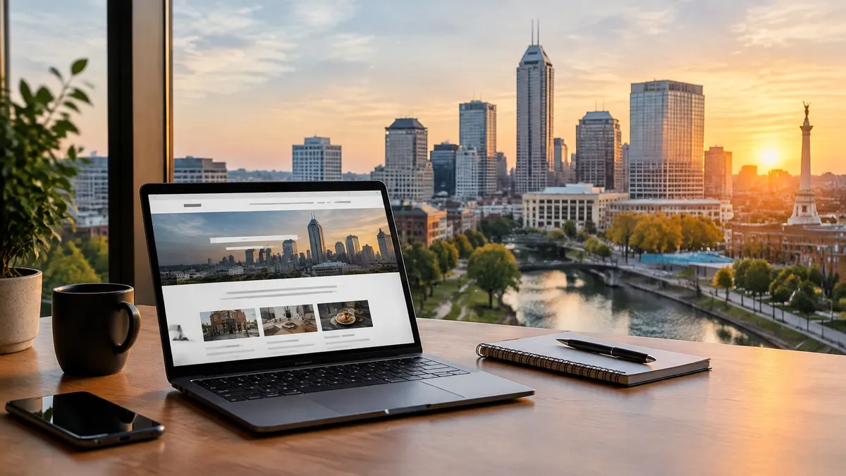 A laptop displaying a website in front of the Indianapolis skyline at sunset